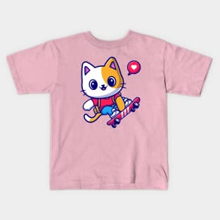 Cute Cat Playing Skateboard Cartoon Kids T-Shirt